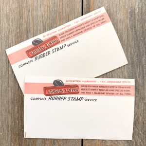 Two vintage Rubber Stamp Service business cards featuring an old fashioned rubber stamp graphic