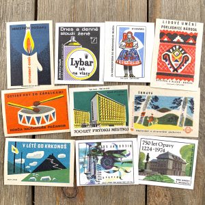 Ten different illustrated vintage matchbox labels from Czechoslovakia