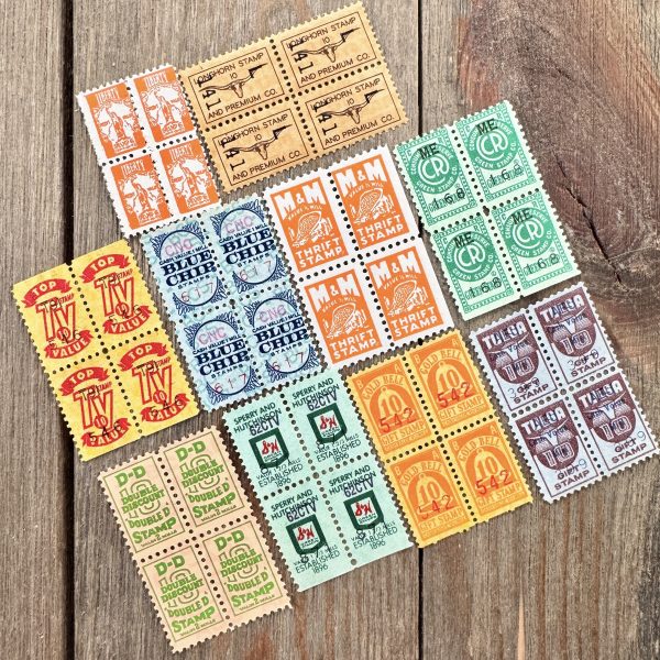 40 Assorted vintage savings stamps in various colors and styles; 4 stamps of 10 different brands.