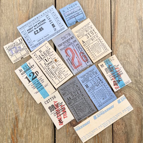 12 Different vintage blue and white British bus tickets from around the 1960s-1980s