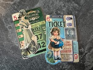 Altered playing cards that have been collaged with vintage ephemera and vintage-inspired imagery