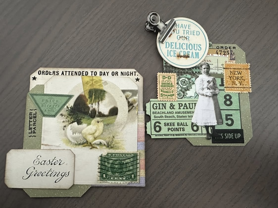 An Easter-themed collaged junk journal pocket and a collaged journal insert, both loaded with vintage ephemera and imagery