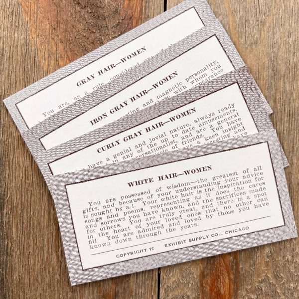 Four vintage brown and white fortune cards for grey-haired women from the 1920s