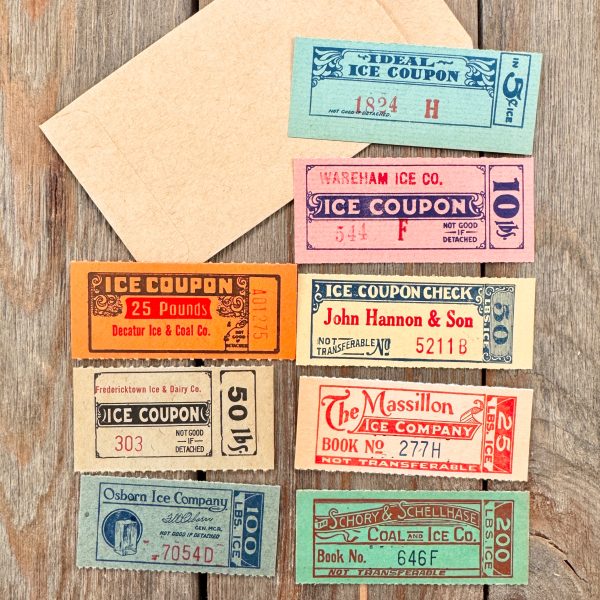 8 Different vintage ice and coal coupon book tickets with a kraft coin envelope