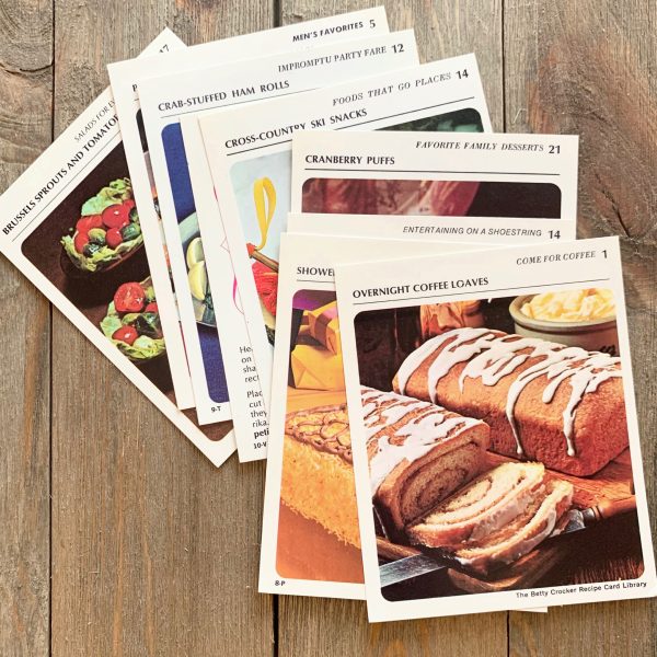 10 Vintage Betty Crocker Recipe cards spread out with the photo sides facing up