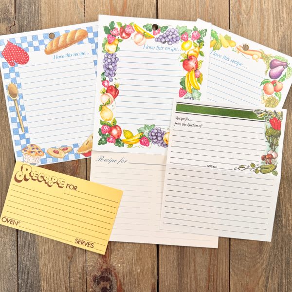 6 Different vintage unused blank recipe cards in various sizes and with food illustrations
