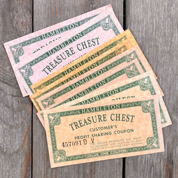 8 Vintage Treasure Chest Profit-sharing coupons in varying shades of orange, peach, and pink - all with green text/borders