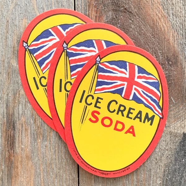 3 Vintage oval shaped Ice Cream Soda labels by Duckworth & Co, each featuring a Union Jack British flag on a bright yellow background