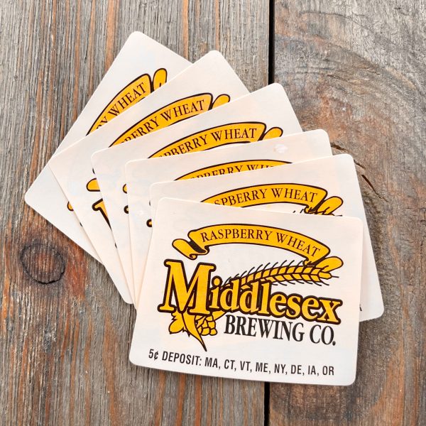 6 Small vintage cream colored beer neck labels featuring an illustration of wheat and bold yellow and black text