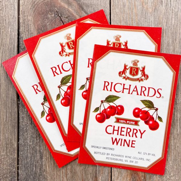 4 Vintage red and white Cherry Wine labels featuring illustrations of cherries and gold accents