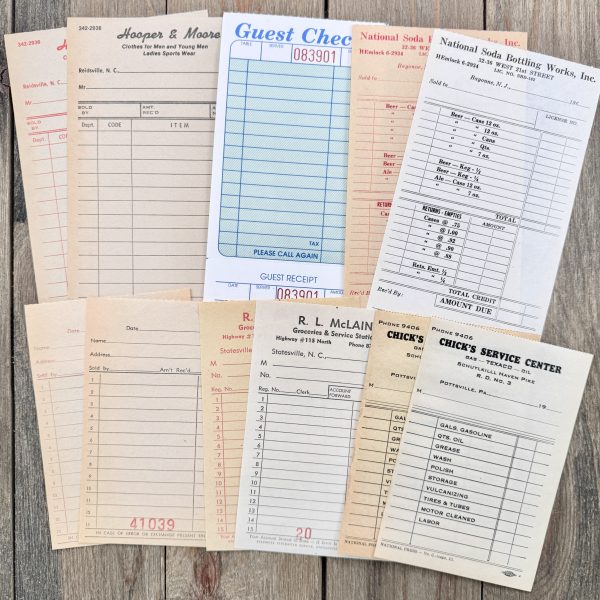 Six vintage sales receipt slips with 5 duplicates from various companies