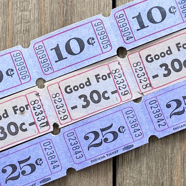 Three rows of vintage sky blue carnival tickets