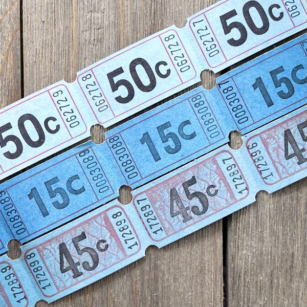 Three rows of vintage aqua blue carnival tickets