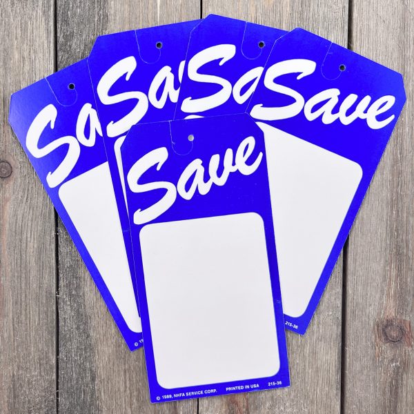 Five extra-large heavy chipboard blue & white “Save” tags