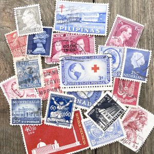 Twenty red, white and blue postage stamps