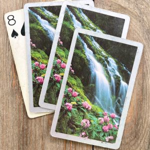 Four vintage playing cards featuring a waterfall next to a flowery grassy hill