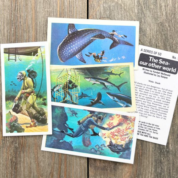 Five random vintage British tea cards featuring underwater scenes