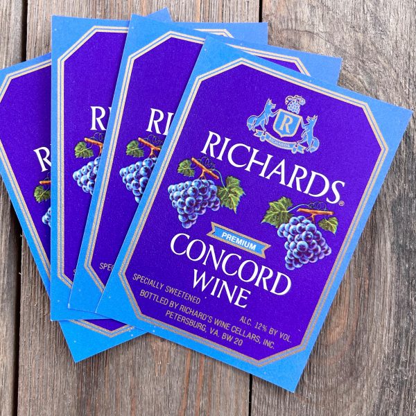Four vintage Richards Concord Wine labels featuring illustrations of grape bunches