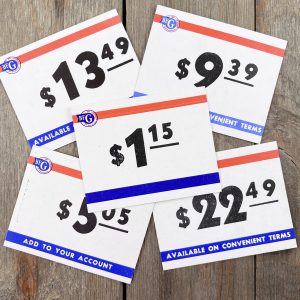 Five different vintage BF Goodrich Tire store price cards
