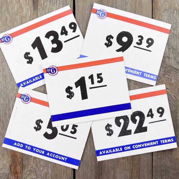 Five different vintage BF Goodrich Tire store price cards