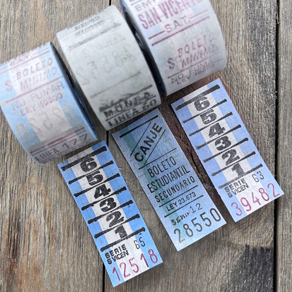 Three rolls of vintage blue bus tickets from Argentina
