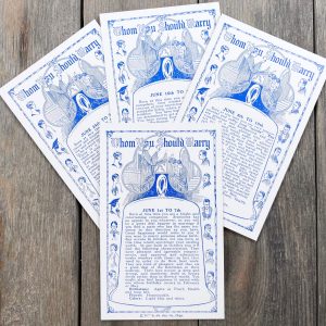 Four illustrated vintage blue and white Whom You Should Marry fortune cards for those born in June