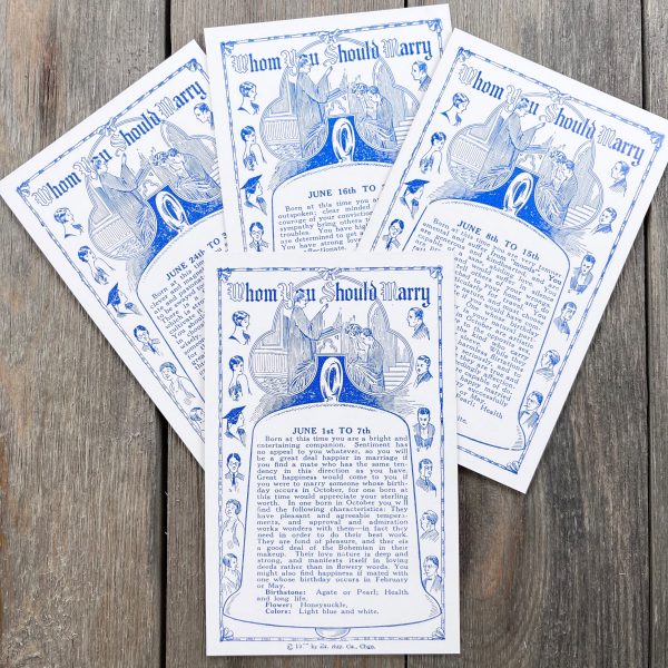 Four illustrated vintage blue and white Whom You Should Marry fortune cards for those born in June