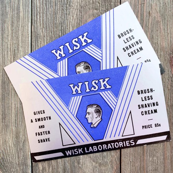 Two vintage blue and silver Wisk Shaving Cream labels