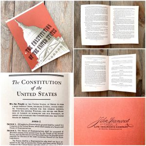 A photo collage showing a vintage printed booklet of the US Constitution from the 1920s