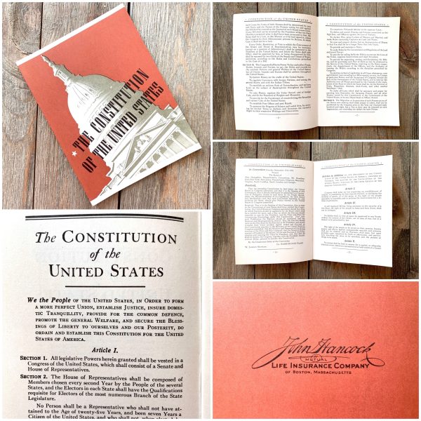 A photo collage showing a vintage printed booklet of the US Constitution from the 1920s