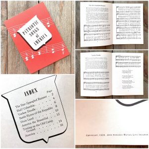 A photo collage showing a vintage booklet titled Patriotic Songs of America