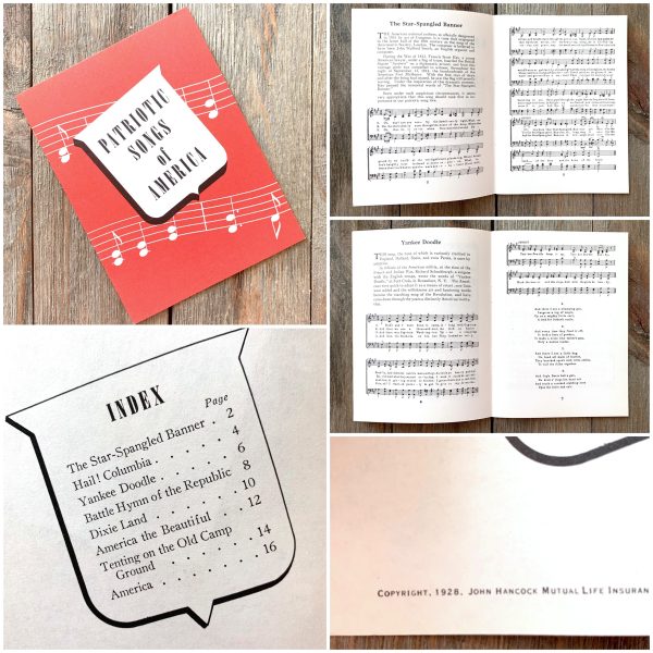 A photo collage showing a vintage booklet titled Patriotic Songs of America